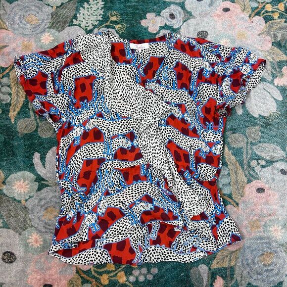 Parker Peplum Top Leopard Silk Small Red White Cheetah Print Ruffle Short Sleeve - Picture 4 of 14